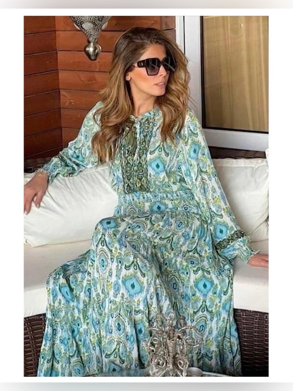 Zara Blue Green Ikat Beaded Tassel Fringe Long Sleeve Boho Maxi Dress Medium